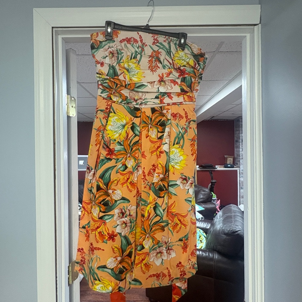 White House Black Market Strapless Floral Dress - Orange and Green
